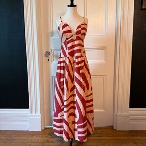 Mon Renn Women’s Surreal Midi Dress Tropicco Print Rust Cream Size S/8 Cotton